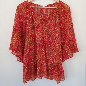 DR2 Sz XL Sheer Red Pink Floral Textured Flowy Top Peplum Wide Sleeve Boho Fairy